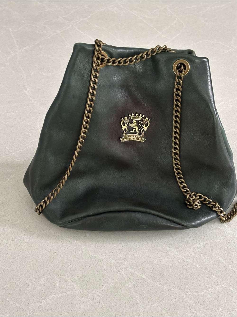 Pratesi Firenze Pienza Dark Green Italian Leather Chain Bucket Bag Luxuxy